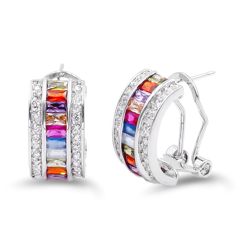 Lavencious Multicolor AAA CZ Necklace & Earrings Jewelry Set Trendy Cubic Zirconia Omega Clip Earring Cable Chain (Multi Color Stone)