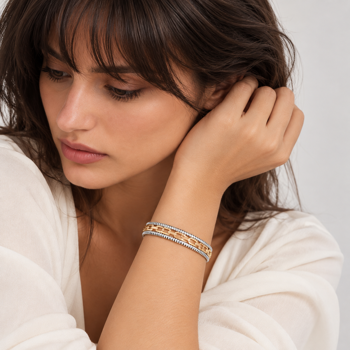 Lavencious 14K Gold Plated 2-Tones Hinged Bangles Bracelets, 7''