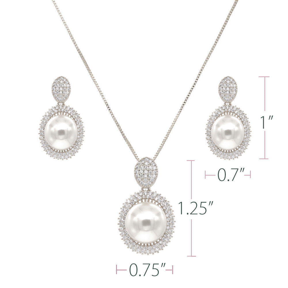 Lavencious Dangle Drop with Cream Color Pearl and CZ Stones Rhodium Plated Necklace & Earrings Set for Women