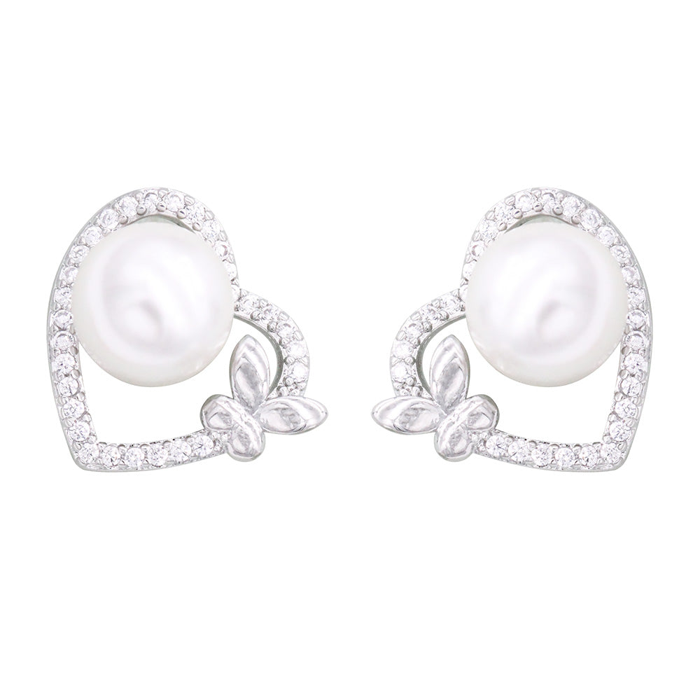 Lavencious CZ and Pearl Heart and Butterfly Shape Pendant Necklace and Cluster Earrings Jewelry Set for Women