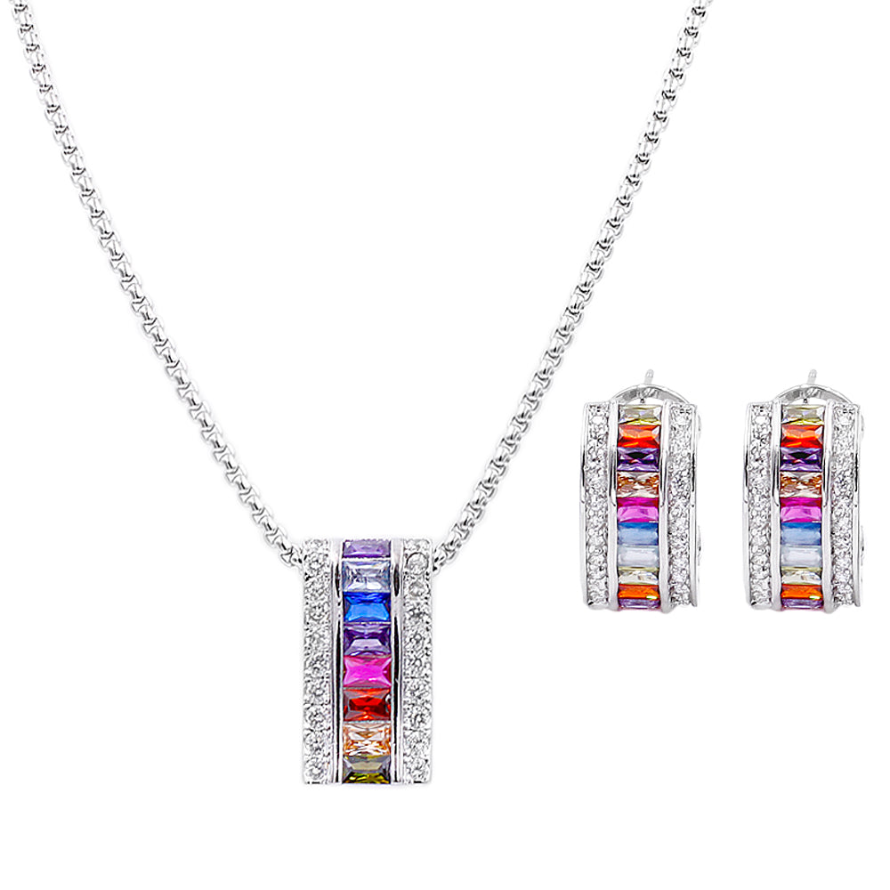 Lavencious Multicolor AAA CZ Necklace & Earrings Jewelry Set Trendy Cubic Zirconia Omega Clip Earring Cable Chain (Multi Color Stone)