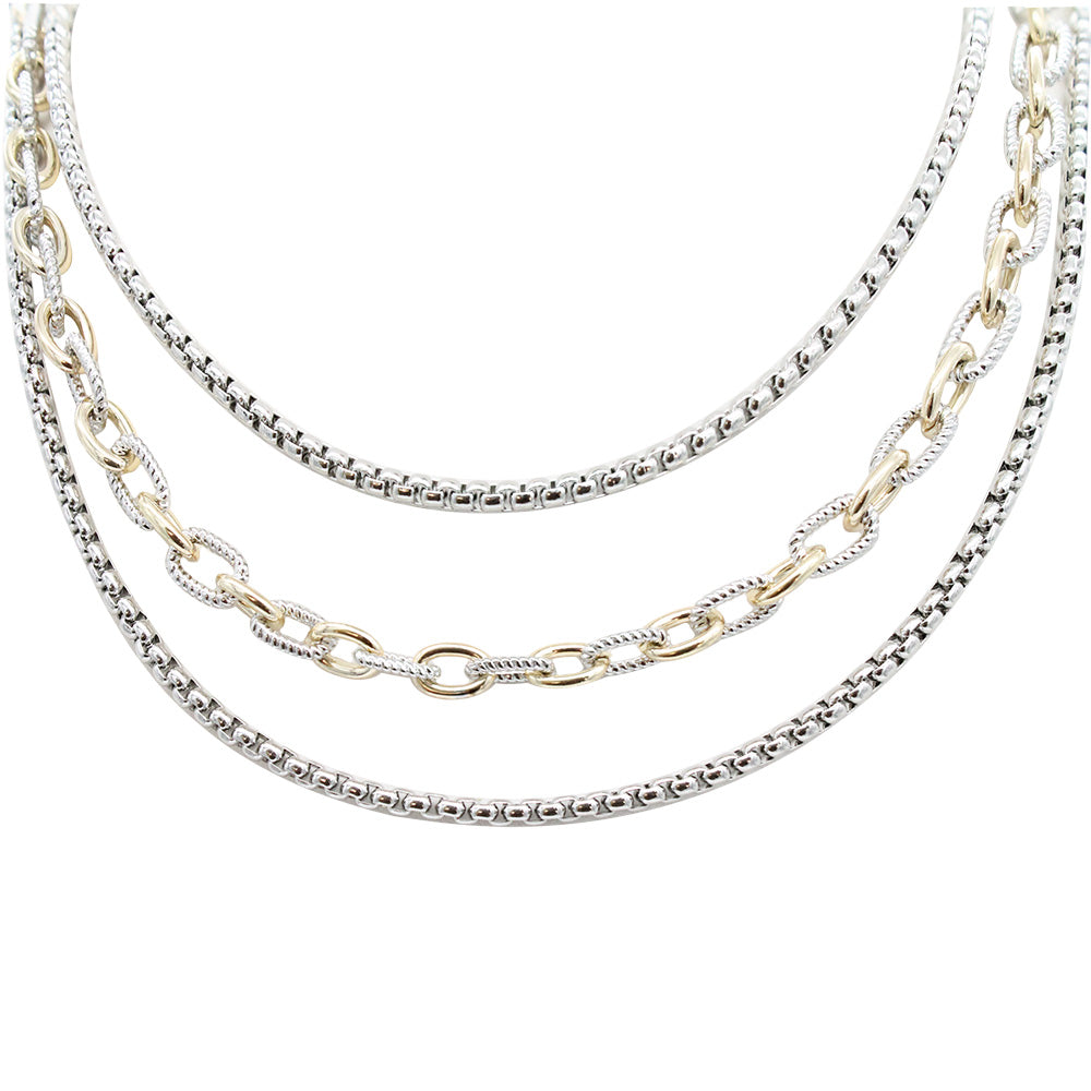 Lavencious Two-Tone 14K Gold Plated Link Chain Bracelets, 7.5" and 3 Row Necklace. 18" Long Set