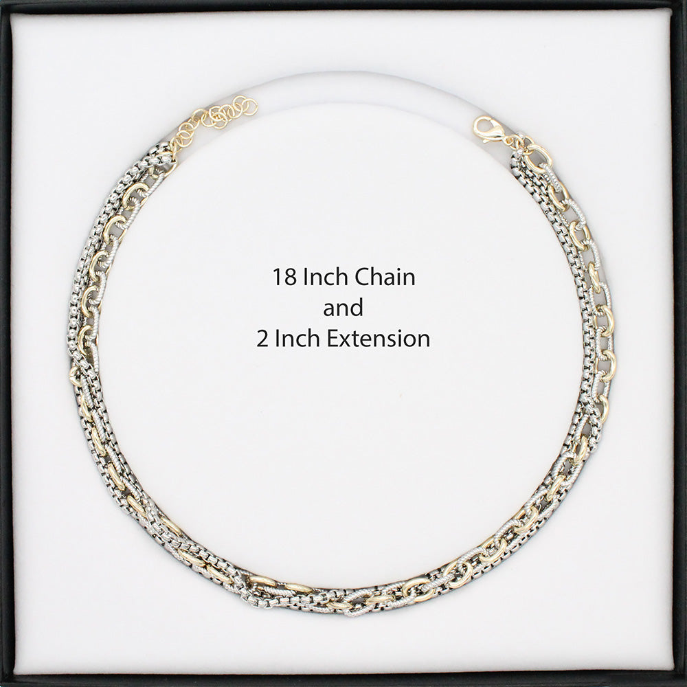 Lavencious Two-Tone 14K Gold Plated Link Chain Bracelets, 7.5" and 3 Row Necklace. 18" Long Set