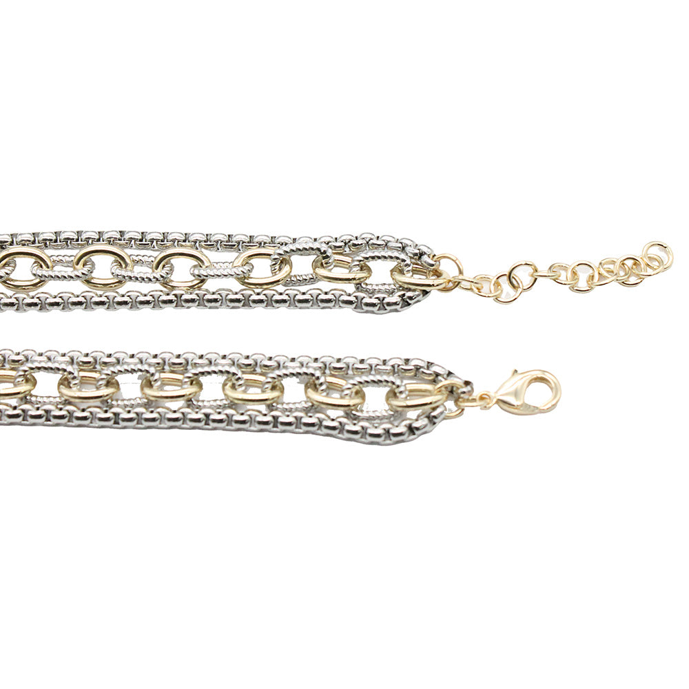 Lavencious Two-Tone 14K Gold Plated Link Chain Bracelets, 7.5" and 3 Row Necklace. 18" Long Set