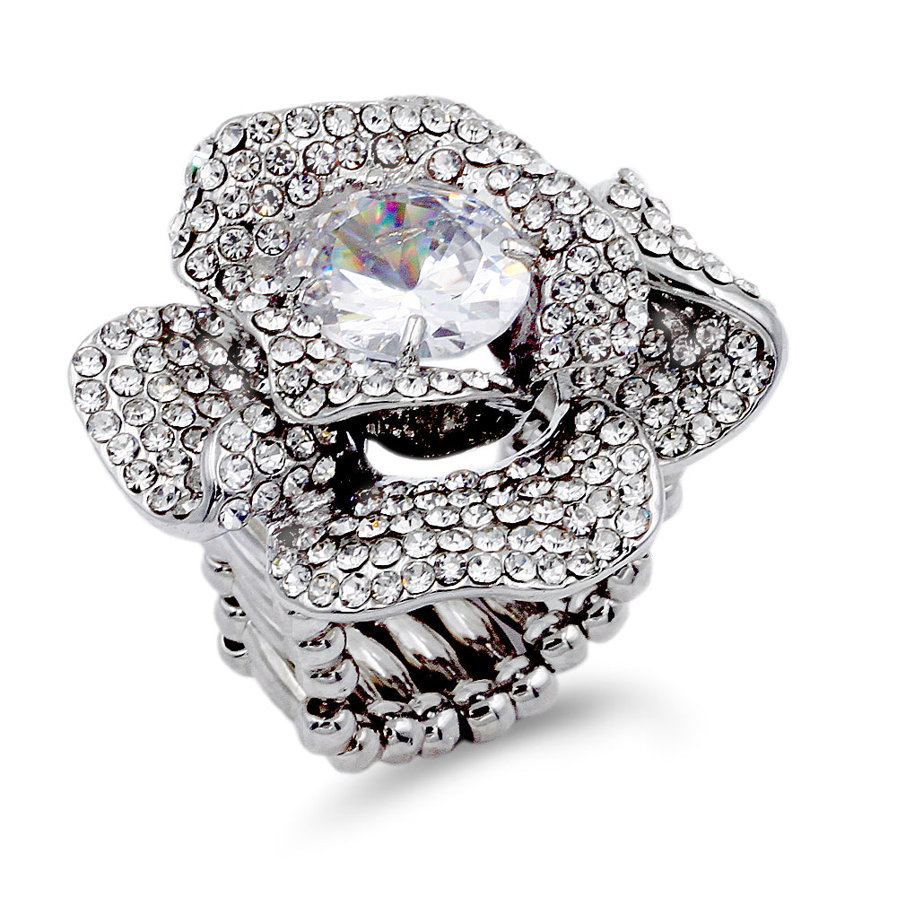 Lavencious Flower Shape CZ & Rhinestone Cocktail Stretch Ring Party Ring for Women