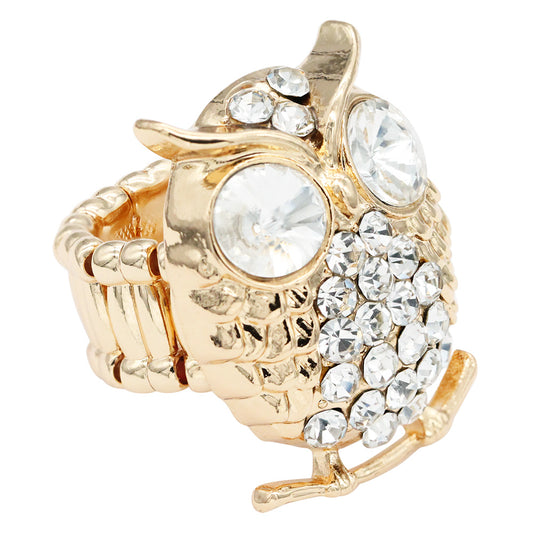 Plated With Clear Crystal Owl Stretch Rings