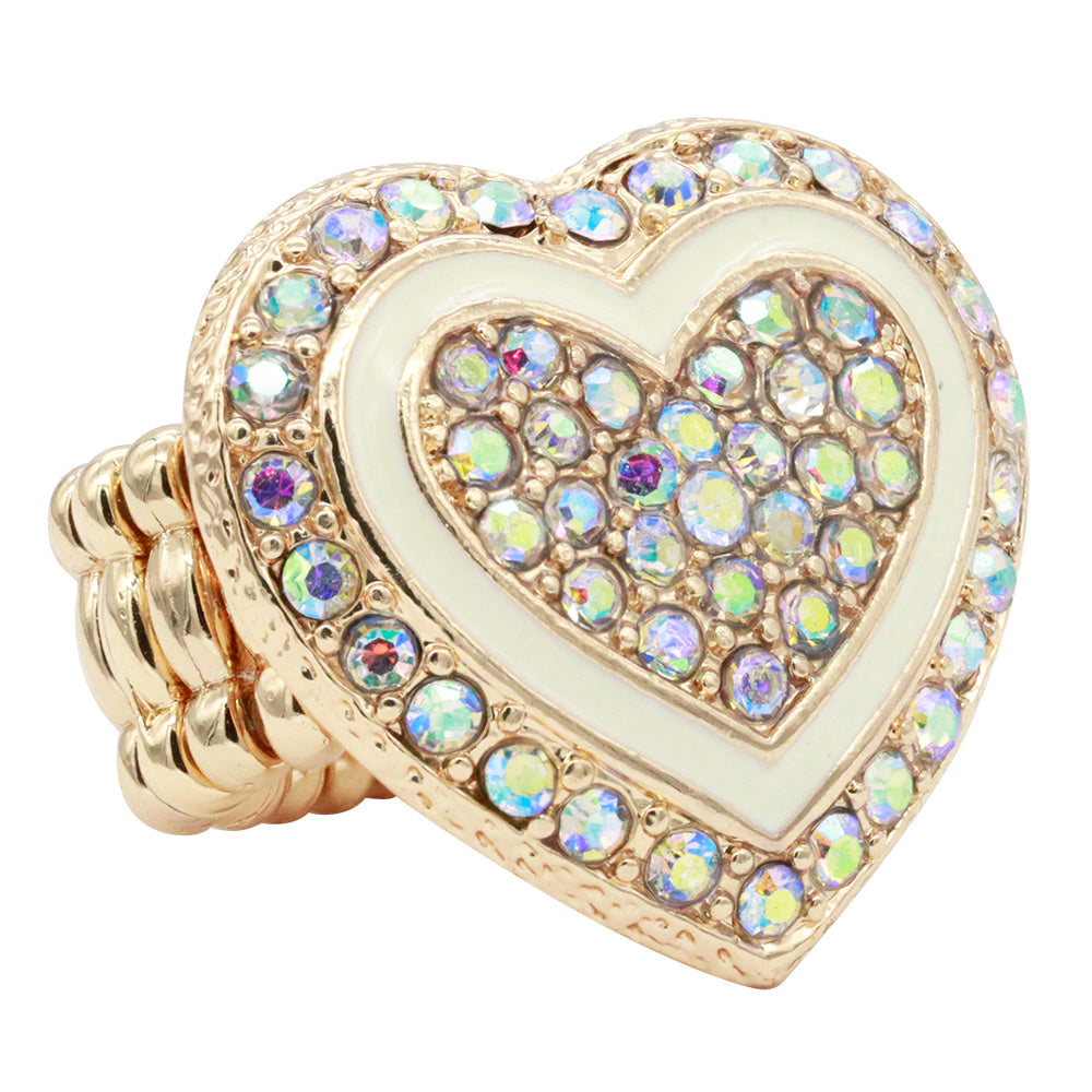 Lavencious Heart Shaped Rhinestones Stretch Rings for Women Size for 7-9(Gold AB)