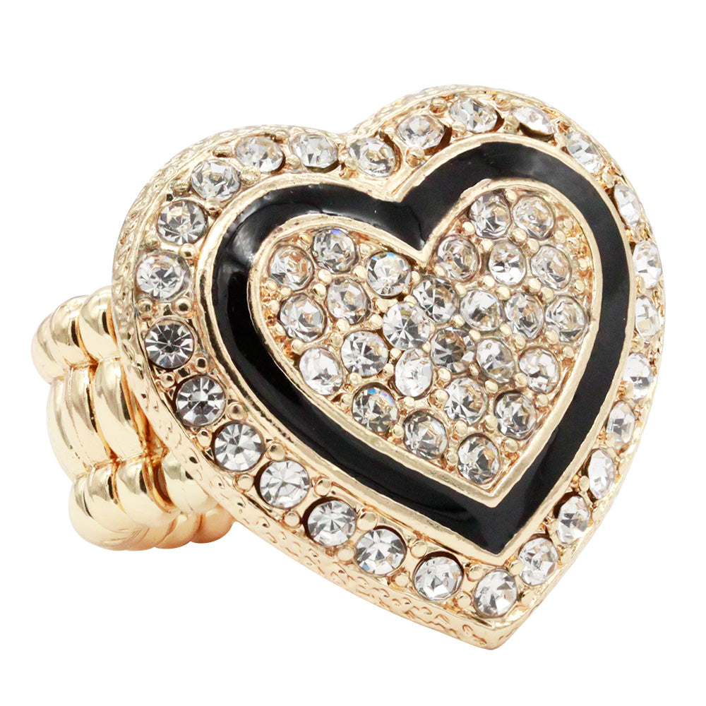 Lavencious Heart Shaped Rhinestones Stretch Rings for Women Size for 7-9(Gold Clear)