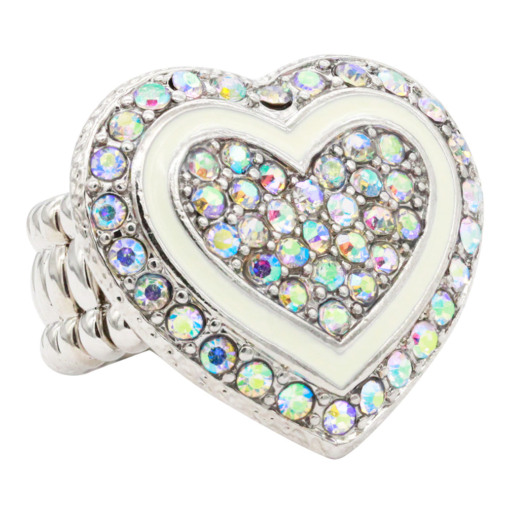 Lavencious Heart Shaped Rhinestones Stretch Rings for Women Size for 7-9(Silver AB)