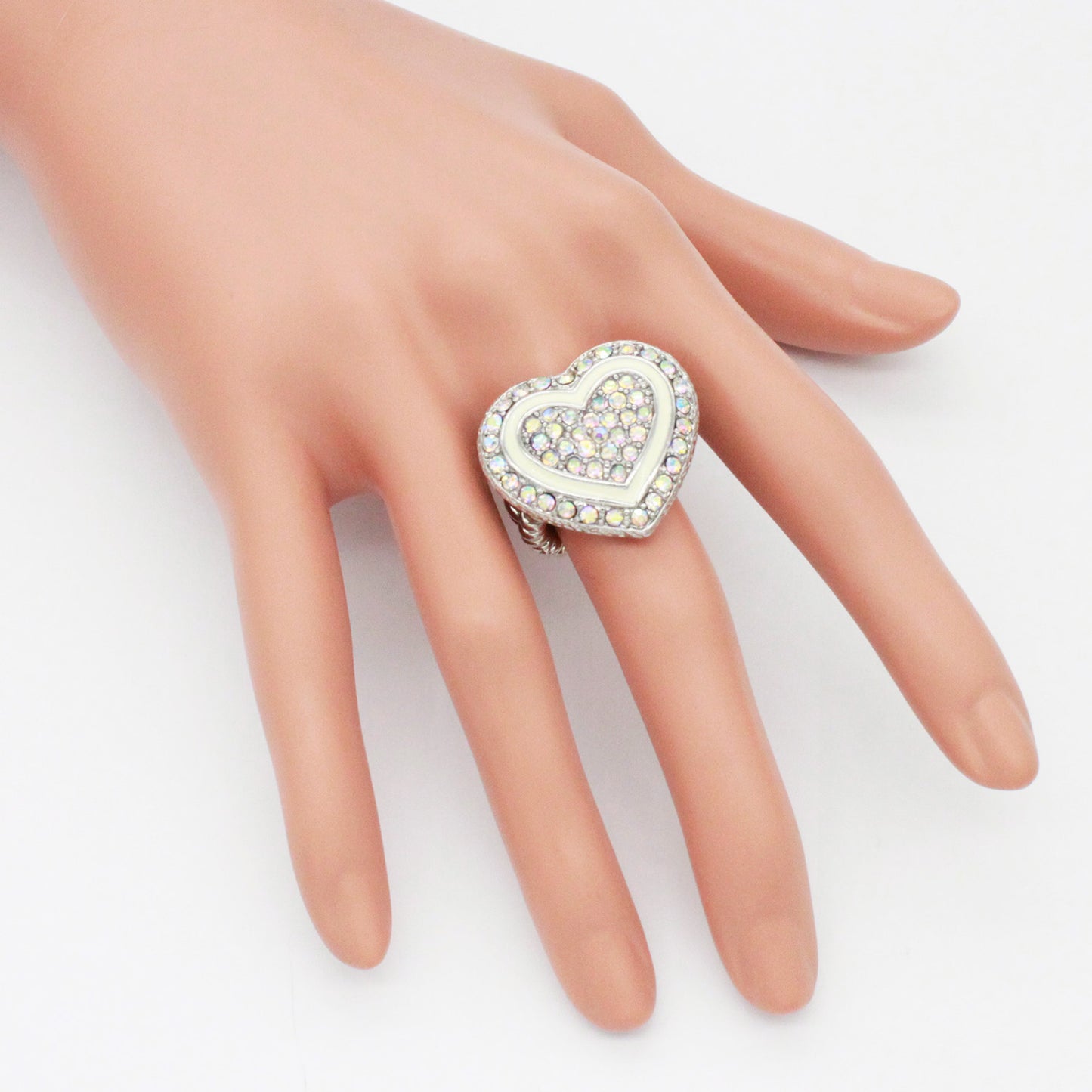 Lavencious Heart Shaped Rhinestones Stretch Rings for Women Size for 7-9(Silver AB)