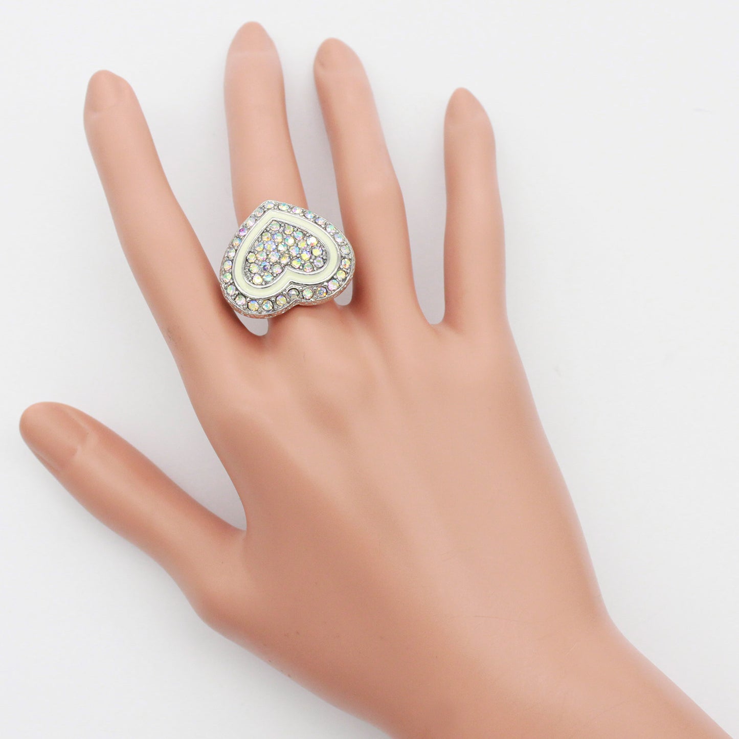 Lavencious Heart Shaped Rhinestones Stretch Rings for Women Size for 7-9(Silver AB)