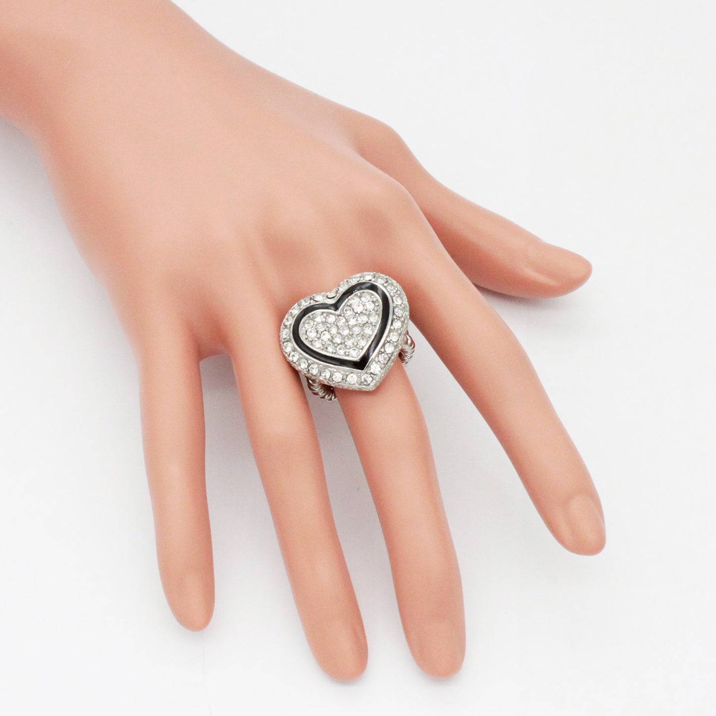 Lavencious Heart Shaped Rhinestones Stretch Rings for Women Size for 7-9 (Silver Clear)
