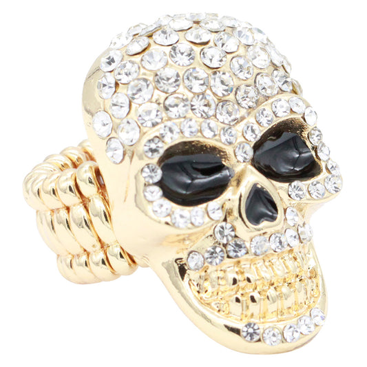 Lavencious Skull Shape Rhinestone Stretch Ring Rhodium Plated with Clear Crystals for Women Size for 7-9
