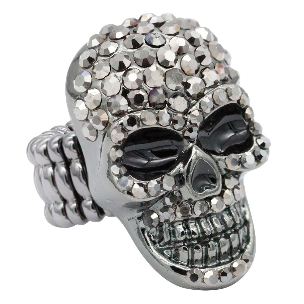 Lavencious Skull Shape Rhinestone Stretch Ring Rhodium Plated with Clear Crystals for Women Size for 7-9