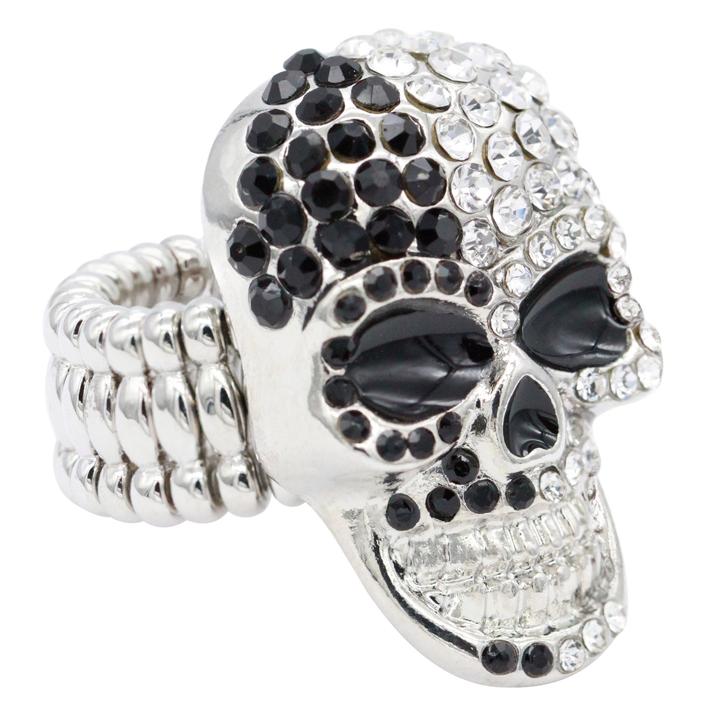 Lavencious Skull Shape Rhinestone Stretch Ring Rhodium Plated with Clear Crystals for Women Size for 7-9