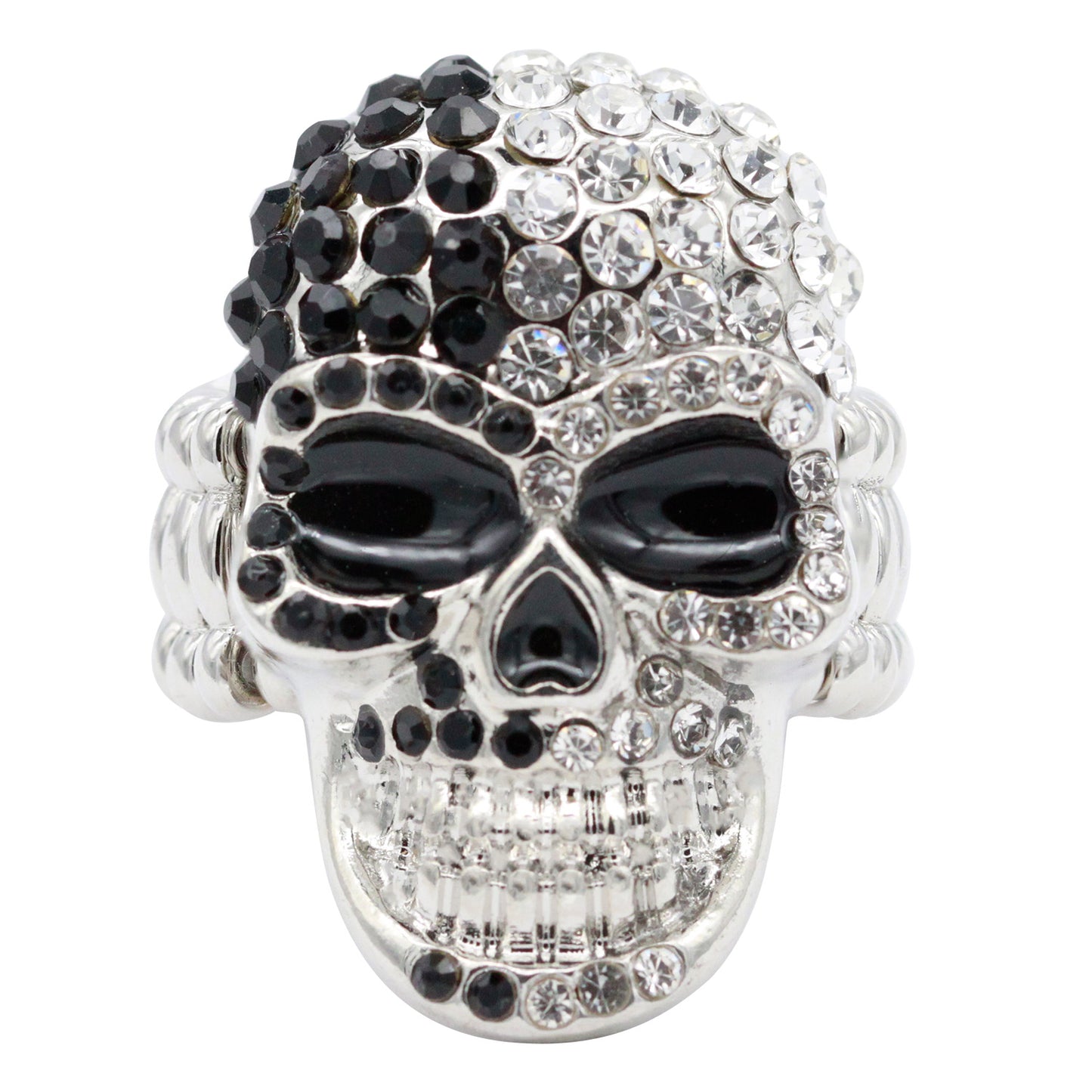 Lavencious Skull Shape Rhinestone Stretch Ring Rhodium Plated with Clear Crystals for Women Size for 7-9