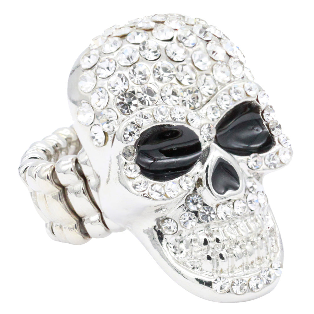 Lavencious Skull Shape Rhinestone Stretch Ring Rhodium Plated with Clear Crystals for Women Size for 7-9
