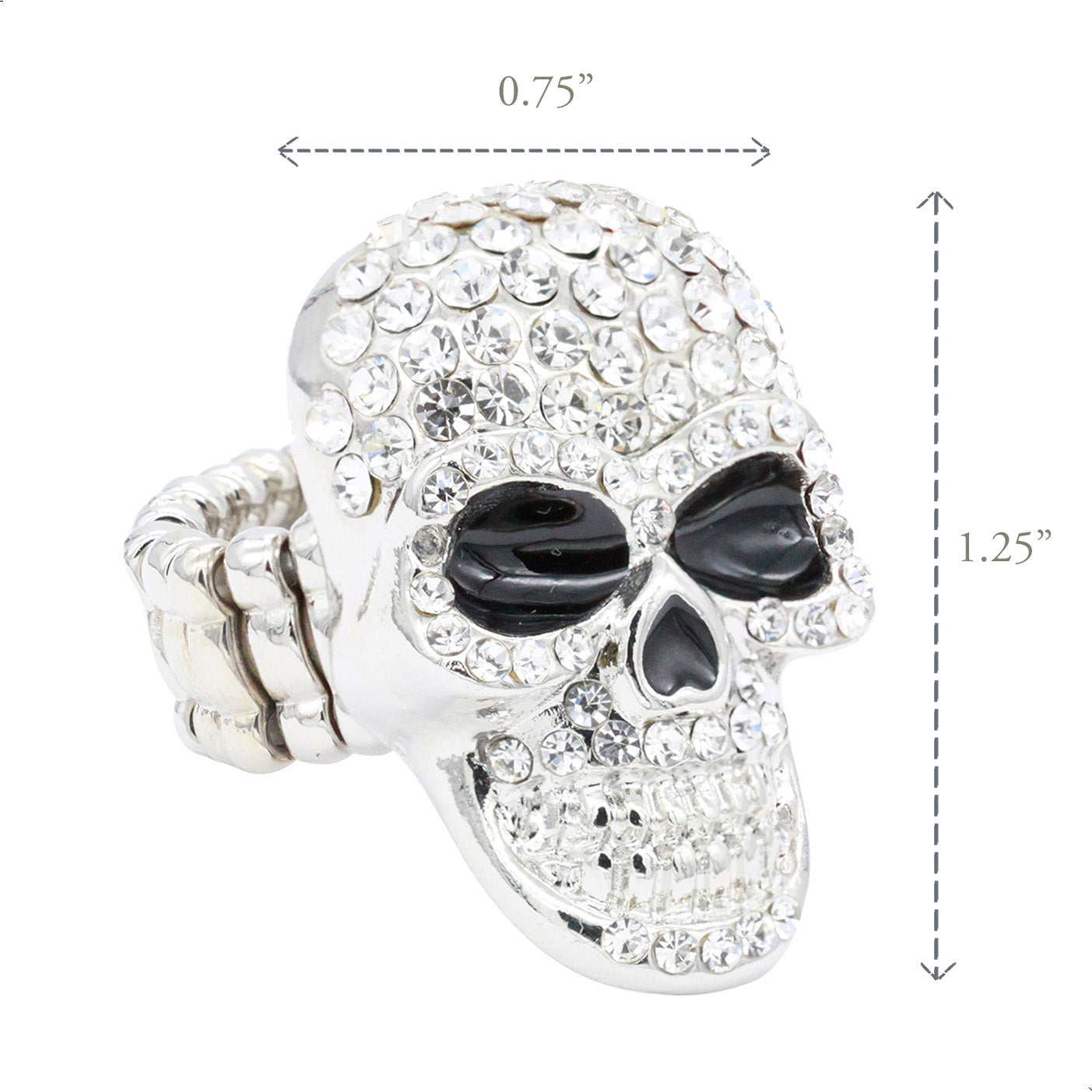Lavencious Skull Shape Rhinestone Stretch Ring Rhodium Plated with Clear Crystals for Women Size for 7-9