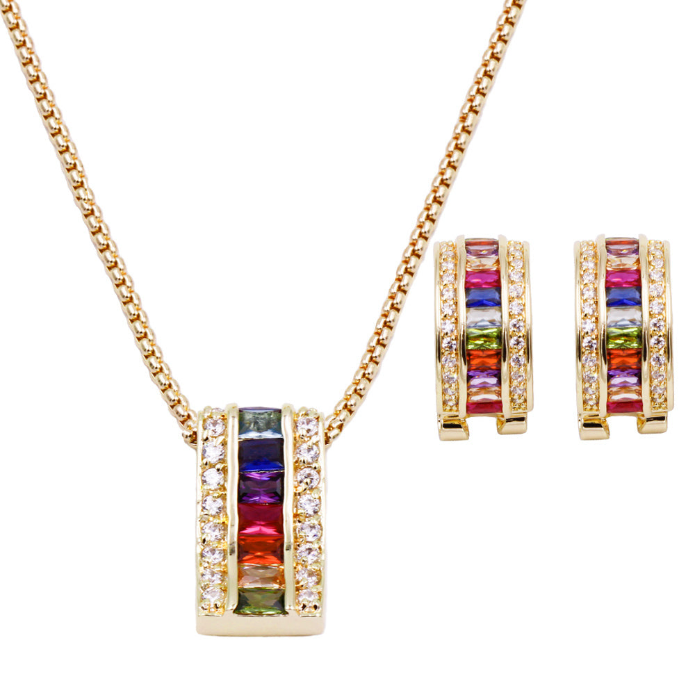 Lavencious Multicolor AAA CZ Necklace & Earrings Jewelry Set Trendy Cubic Zirconia Omega Clip Earring Cable Chain (Multi Color Stone)