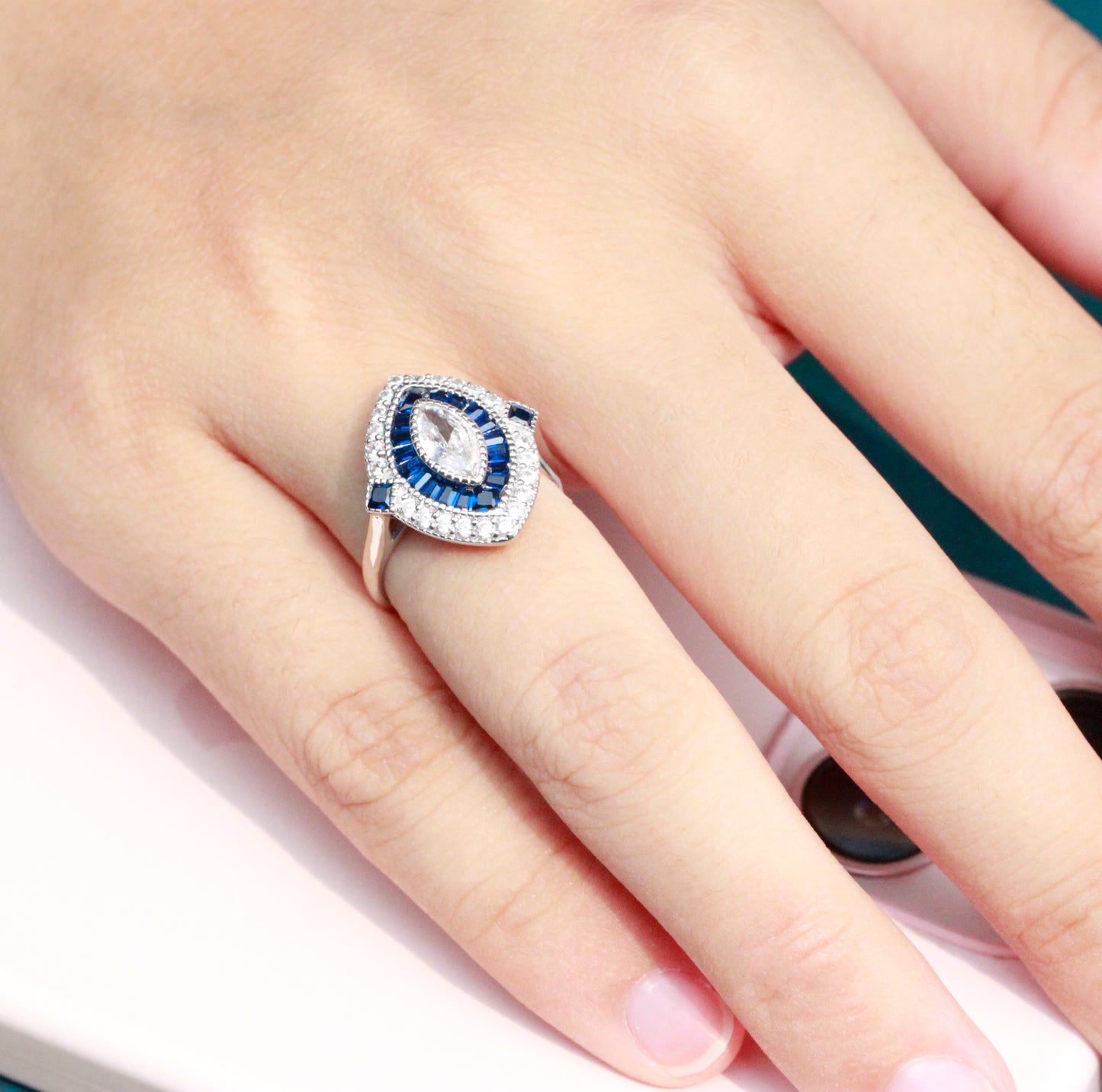 Lavencious Royal Halo Clear & Blue Spinel CZ Engagement Rings in 925 Sterling Silver Size 5 to 10