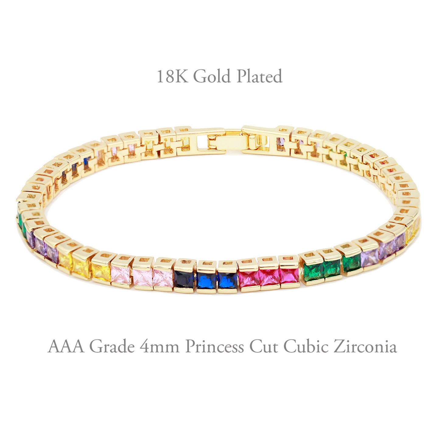 Lavencious Gold Plated with 4mm Multi-Color Princess Cut AAA Cubic Zirconia Tennis Bracelets