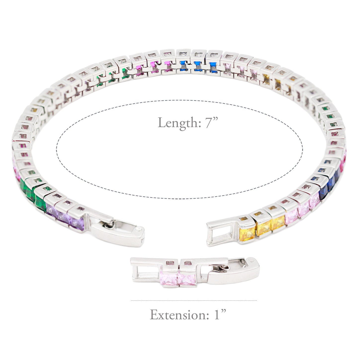 Lavencious Rhodium Plated with 4mm Multi-Color Princess Cut AAA Cubic Zirconia Tennis Bracelets