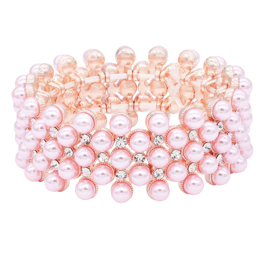 Lavencious Simulated Pearl 5 Lines Elastic Stretch Bracelet Party Jewelry for Women - Pink