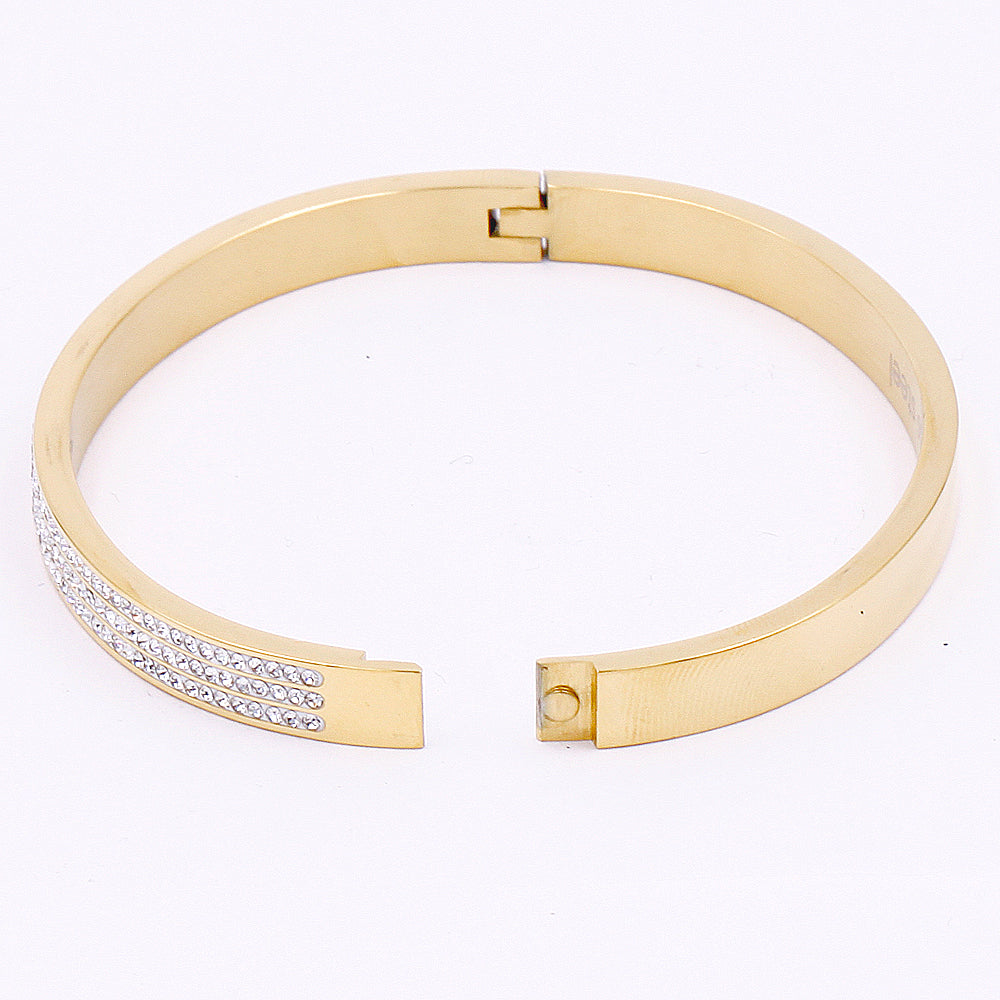 Lavencious 3 Rows CZ Gold Plated Stainless Steel Hinged Bangle Bracelets