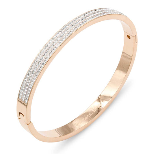 Lavencious 3 Rows CZ Rose Gold Plated Stainless Steel Hinged Bangle Bracelets
