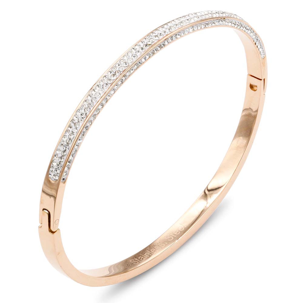 Rose Gold Plated Stainless Steel Hinged Bangle Bracelets Paved with Cubic Zirconia