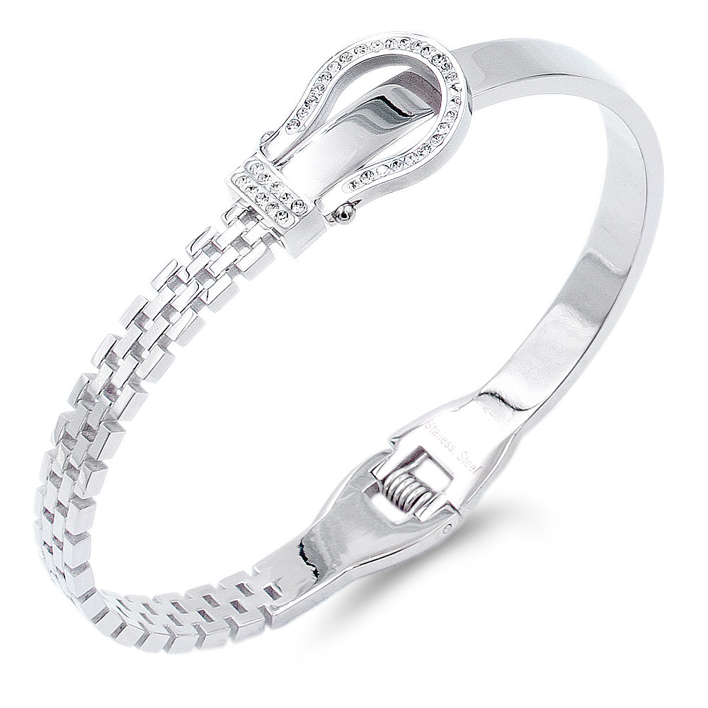 Women's Stainless Steel CZ Buckle Bangle