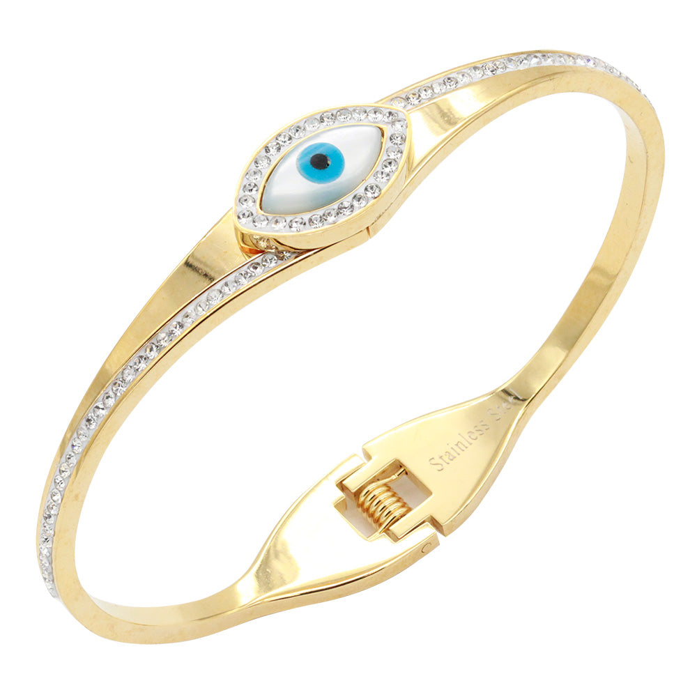 Gold Plated Evil Eye Stainless Steel Hinged Bangle Bracelets