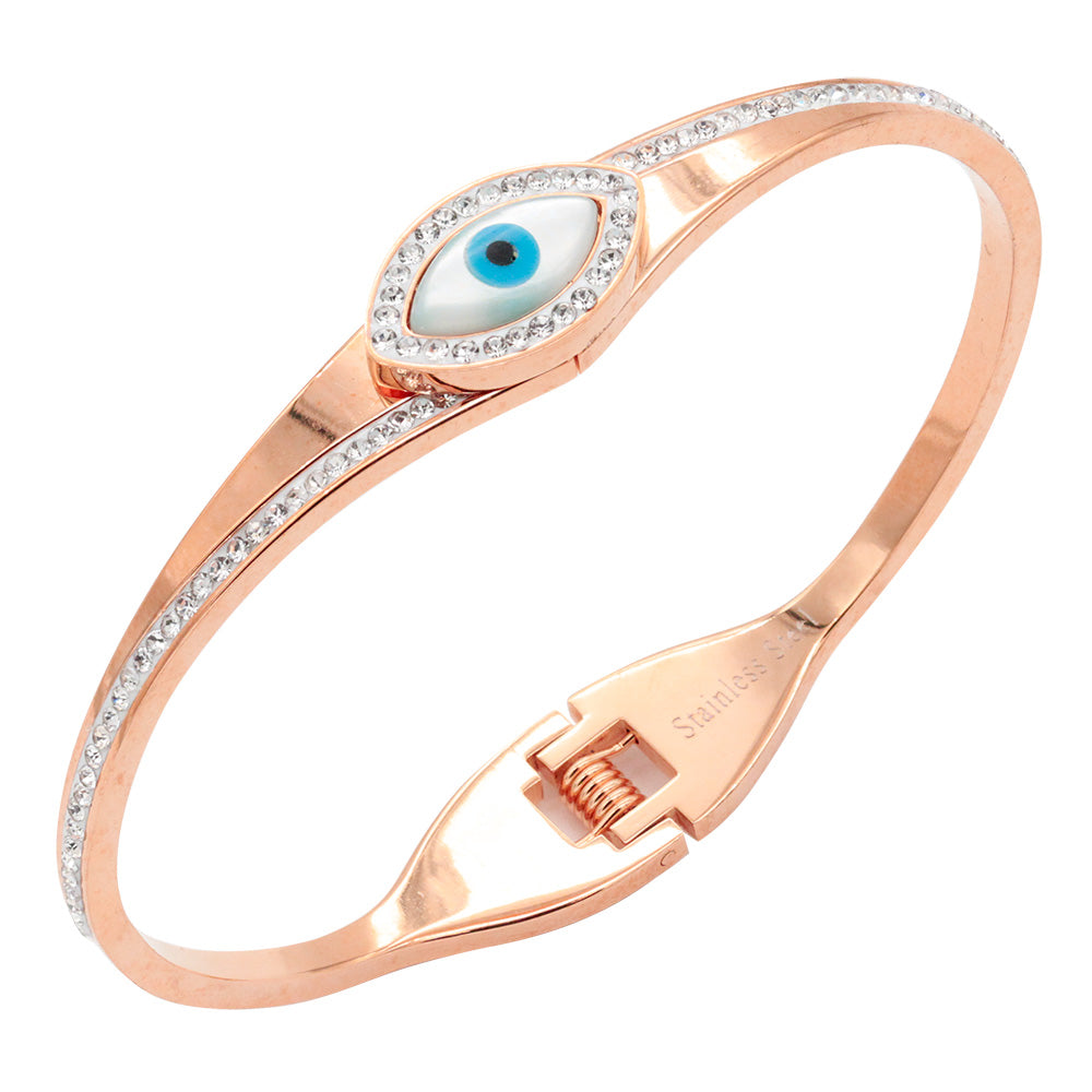 Rose Gold Plated Evil Eye Stainless Steel Hinged Bangle Bracelets