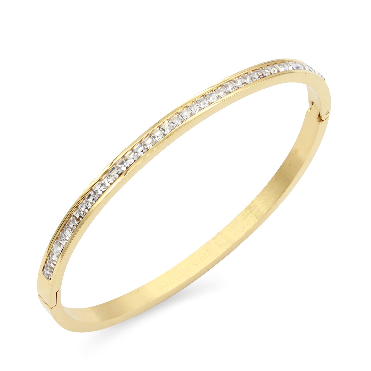 Gold Plated Stainless Steel Hinged Bangle Bracelets Paved with Cubic Zirconia