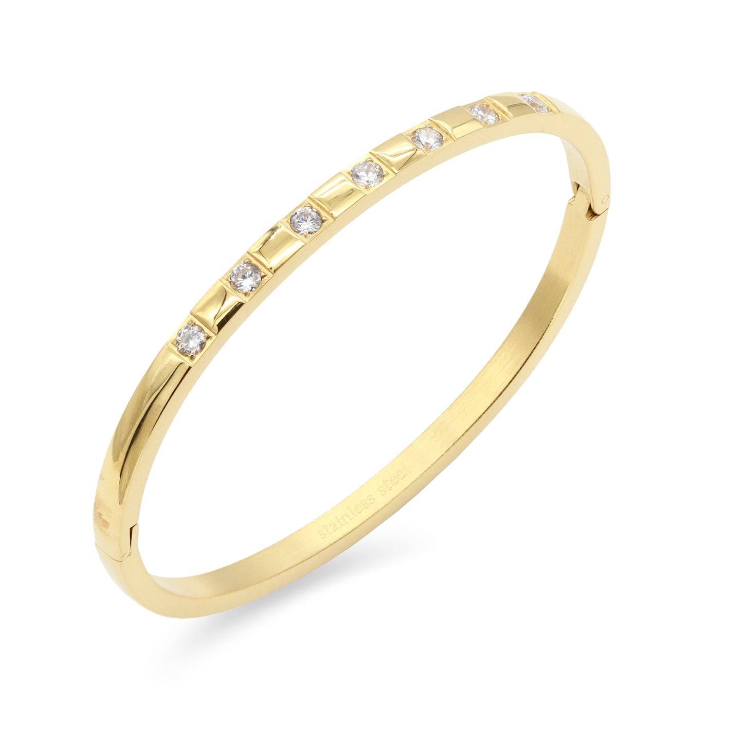 Gold Plated Stainless Steel Hinged Bangle Bracelets Inlaid with Cubic Zirconia