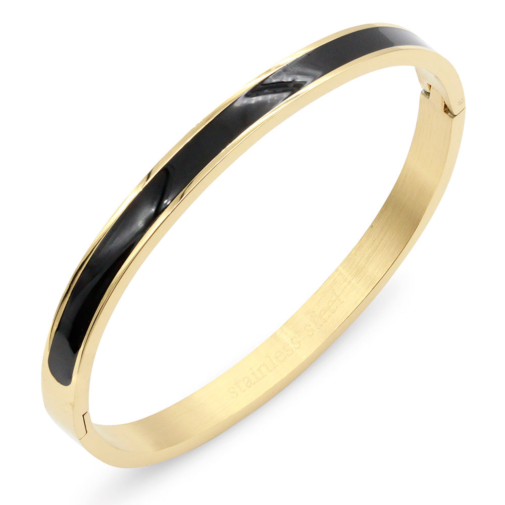 Gold Plated Stainless Steel Black Color Hinged Bangle Bracelets - 6mm Width