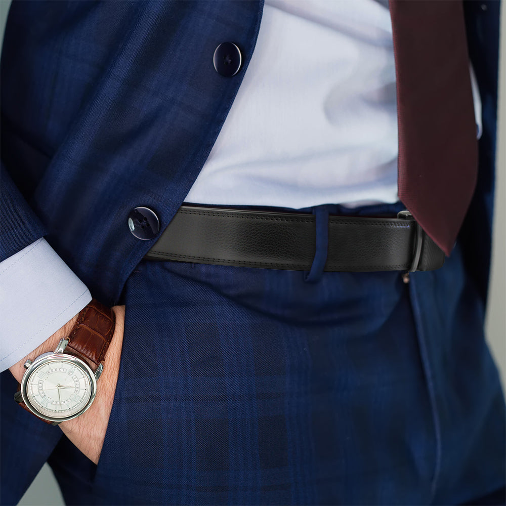 Lavencious Men's Genuine Leather Dress Ratchet Slide Casual Belt, Cut to Fit Waist Size up to 46 inches (Black Black)
