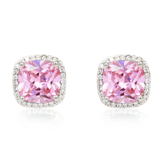 Princess Cut with Micro Paved AAA Pink Cubic Zirconia Stud Earrings