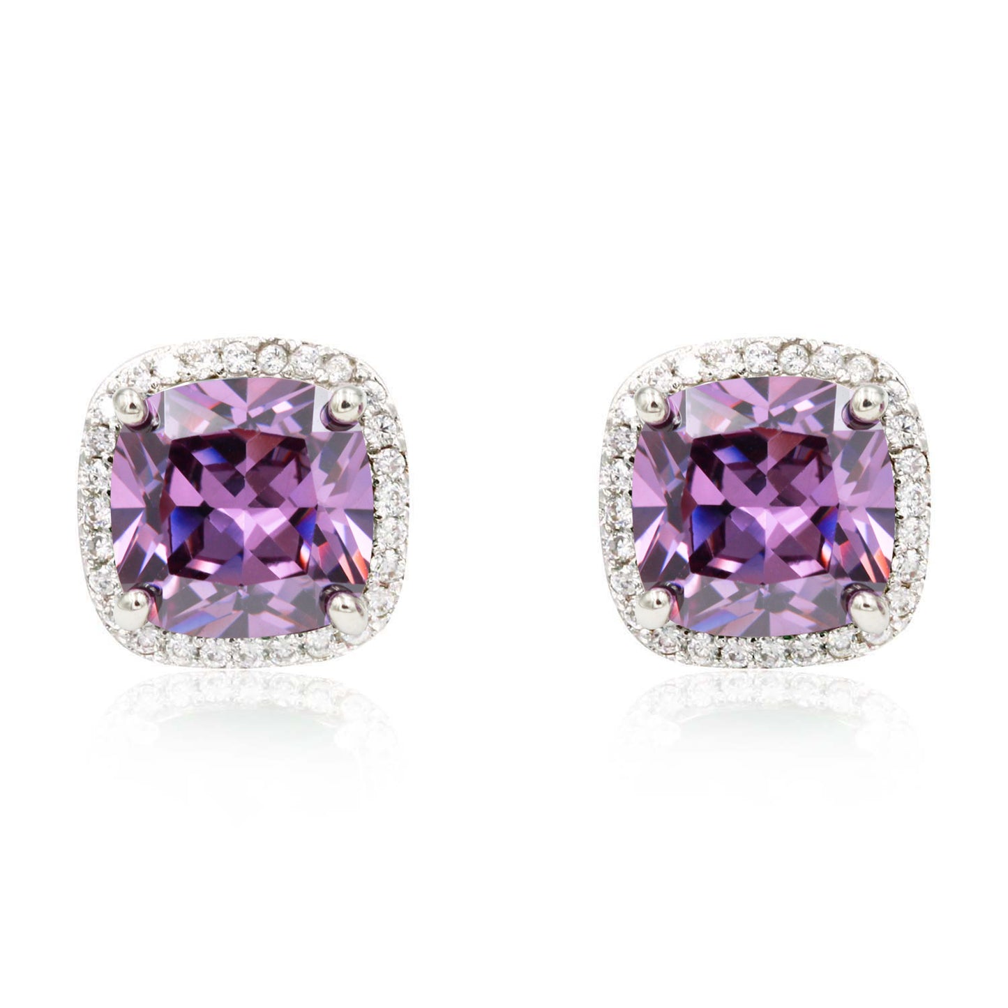 Princess Cut with Micro Paved AAA Purple Cubic Zirconia Stud Earrings