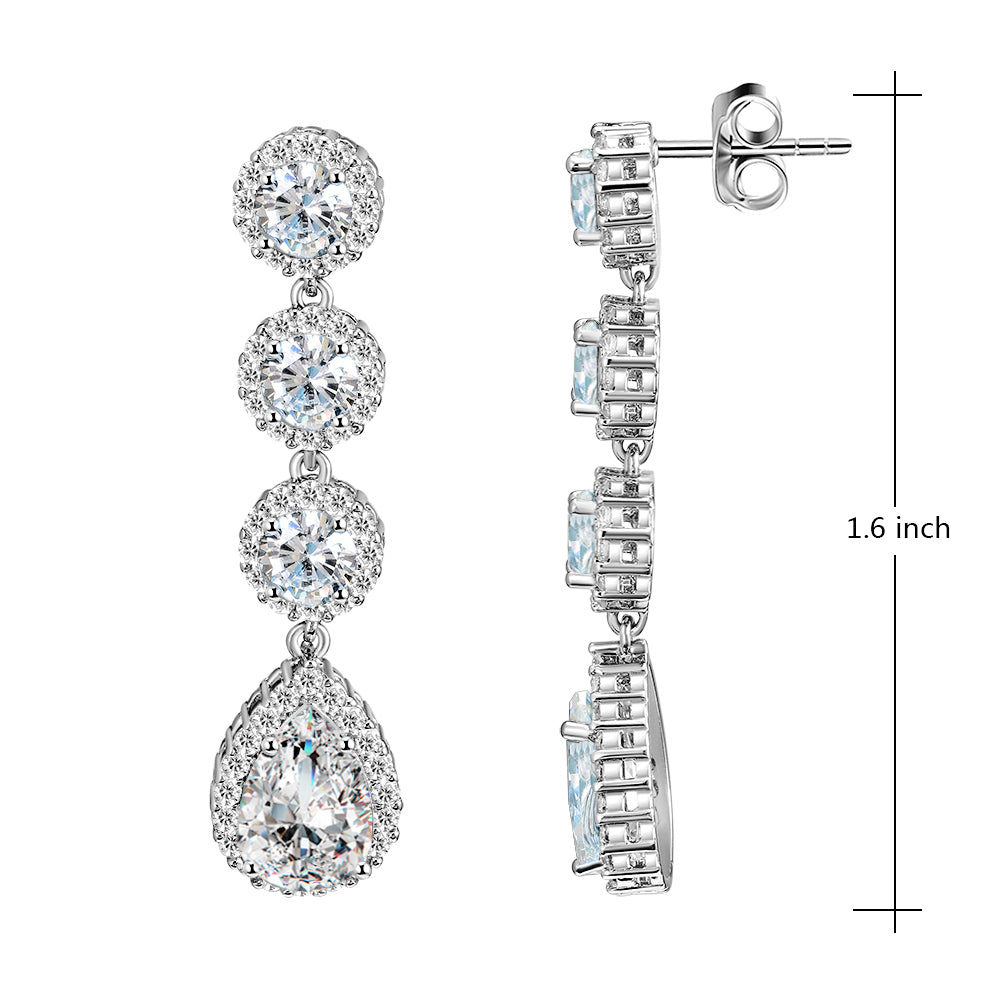 Rhodium Plated Tear Drop Dangle Earrings with Clear AAA Cubic Zirconia