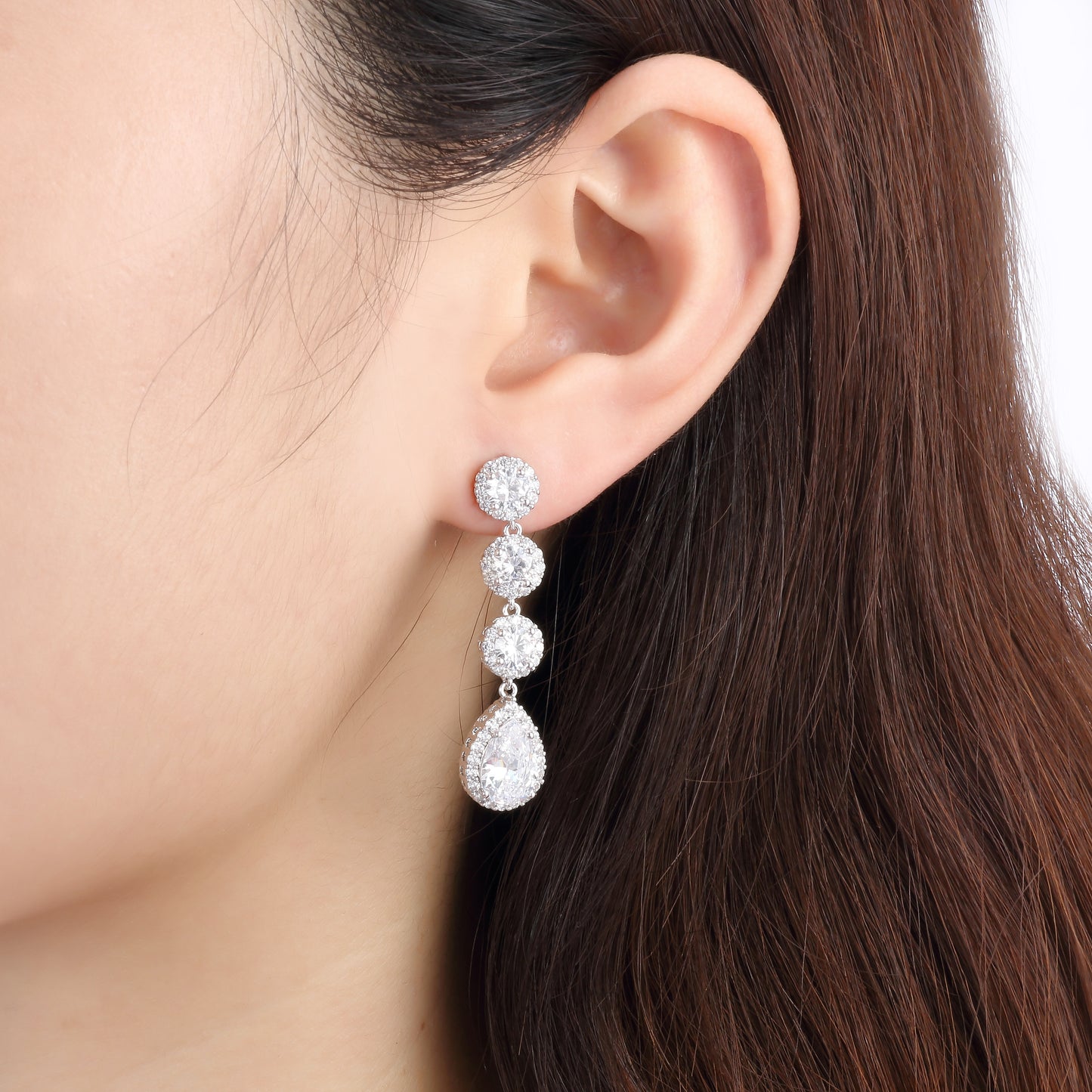 Rhodium Plated Tear Drop Dangle Earrings with Clear AAA Cubic Zirconia