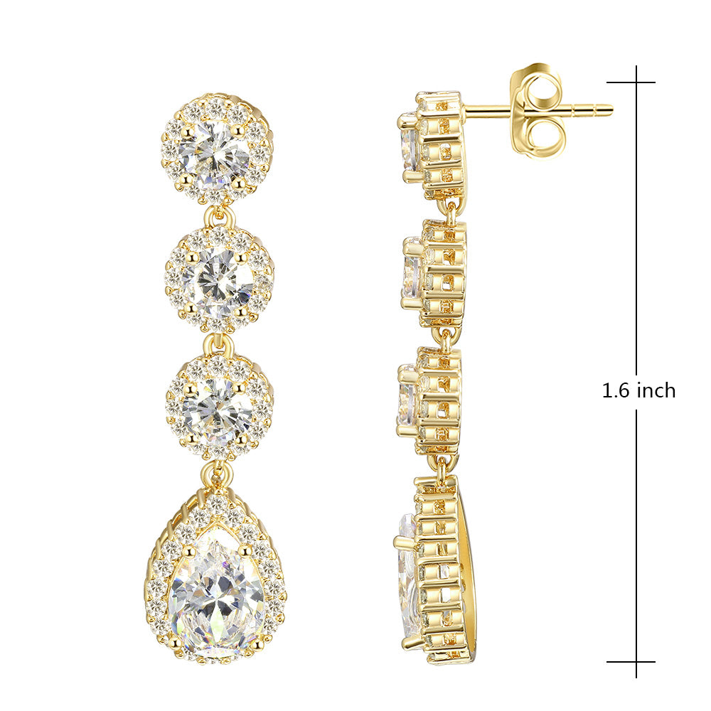 Gold Plated Tear Drop Dangle Earrings with Clear AAA Cubic Zirconia
