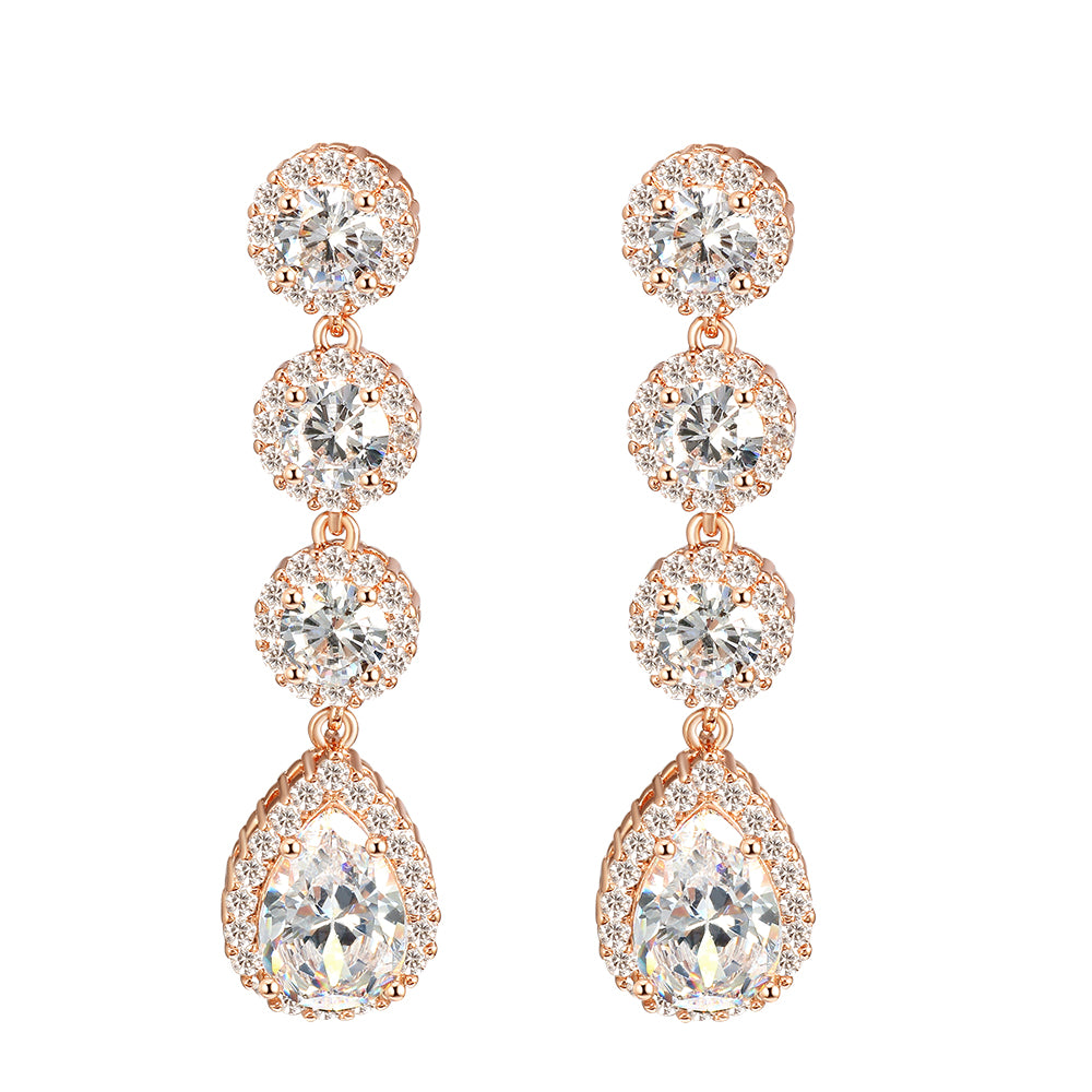 Rose Gold Plated Tear Drop Dangle Earrings with Clear AAA Cubic Zirconia