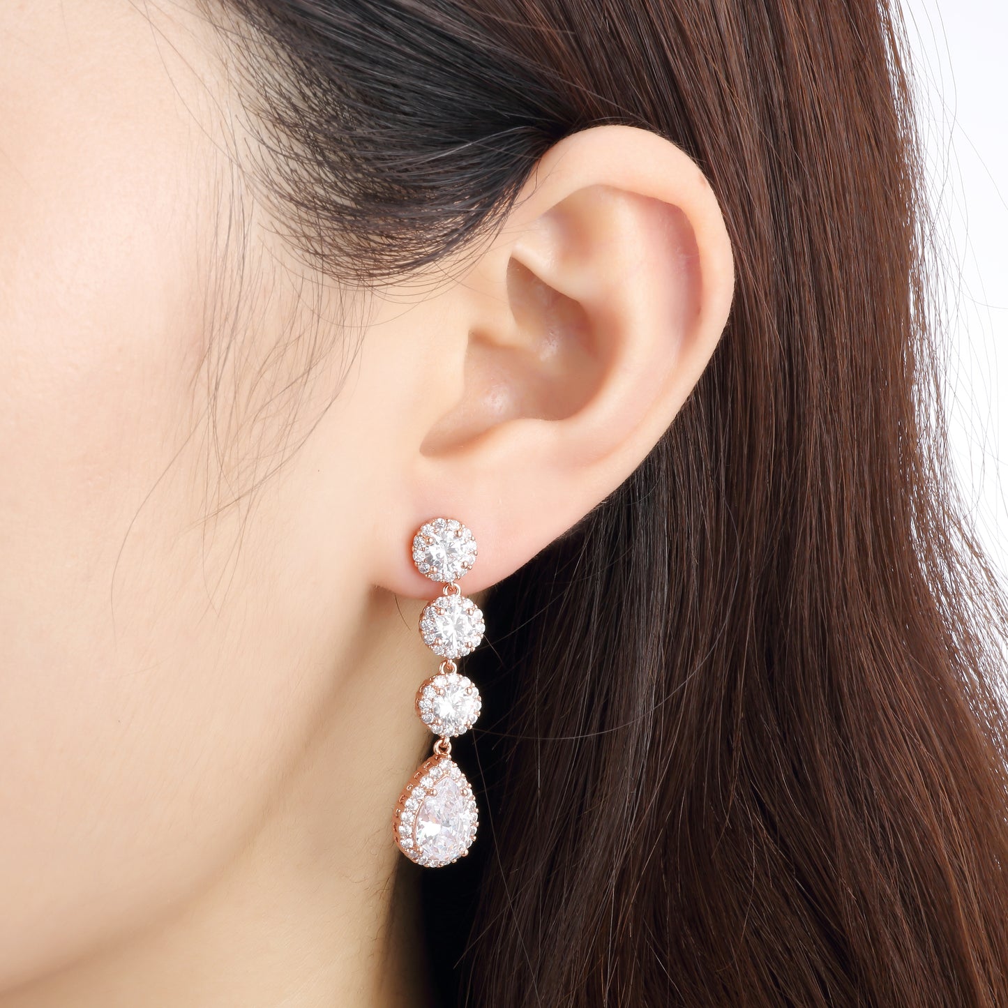 Rose Gold Plated Tear Drop Dangle Earrings with Clear AAA Cubic Zirconia