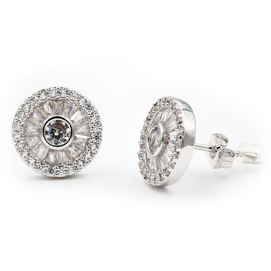 Rhodium Plated with Cubic Zirconia Round Stud Earrings