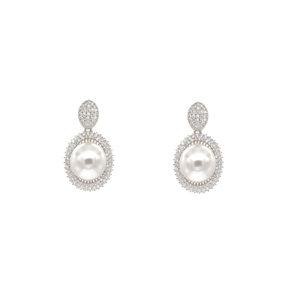 Pearl Dangle Earrings with AAA Cubic Zirconia, Rhodium Plated (Earrings Only)