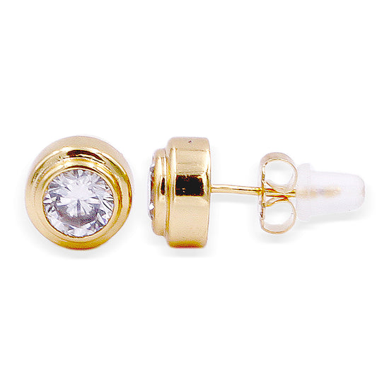 Round Cubic Zirconia Solitaire Fashion Stud Earrings, Gold Plated
