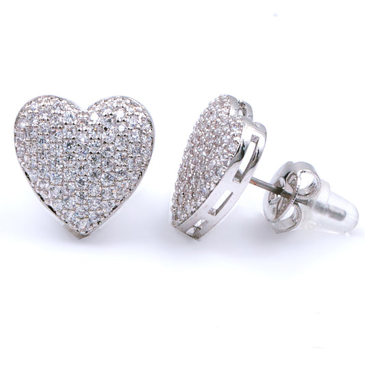 Rhodium Plated with Cubic Zirconia Heart Stud Earrings