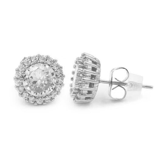 Round Solitaire Stud Earrings with Micro Pave Cubic Zirconia, Rhodium Plated
