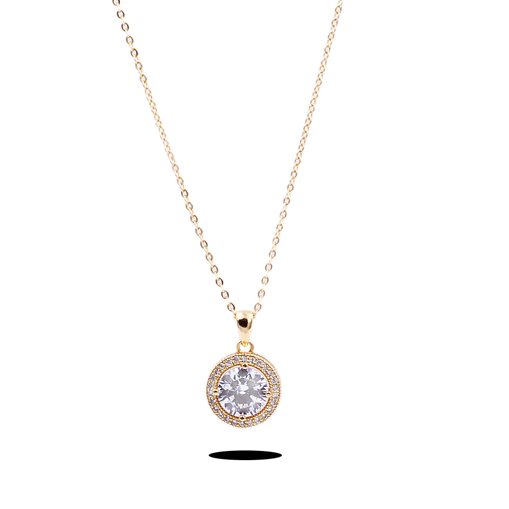 Gold Plated Round Classic Necklace with Clear AAA Cubic Zirconia